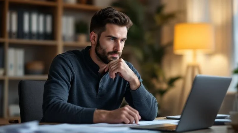 Mann sitzt am Schreibtisch mit Unterlagen und Laptop in einem hellen Heimbüro