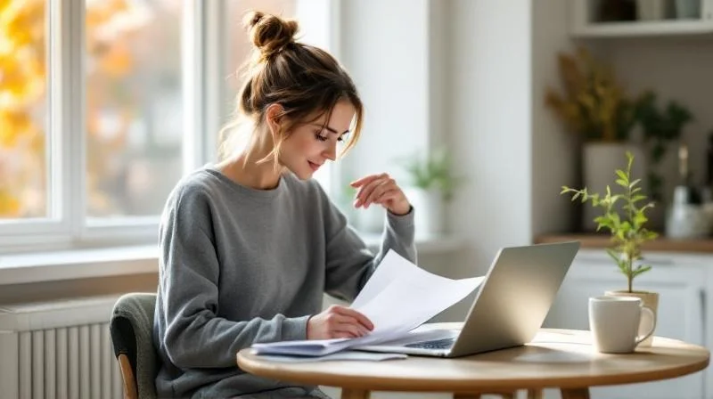 Frau mit Unterlagen vor einem hellen Fenster in einer Rostocker Altbauwohnung