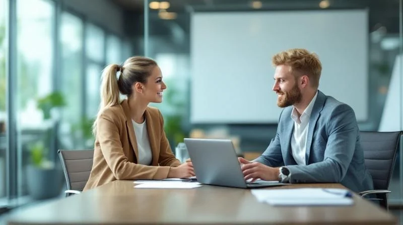 Zwei Personen in einem modernen Rostocker Buero besprechen Unterlagen