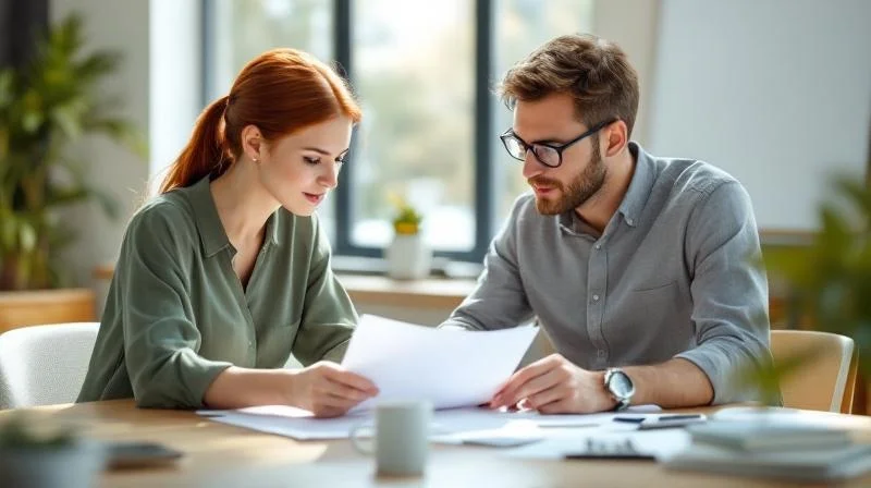 Zwei Personen besprechen Unterlagen in einem hellen Büro in Rostock