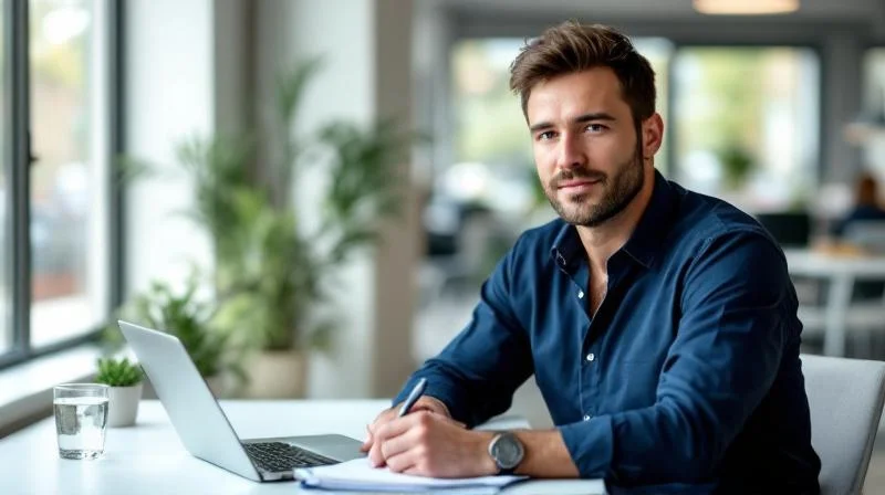 Mann lernt am Laptop in einem modernen Buero in Rostock mit Blick auf die Stadt