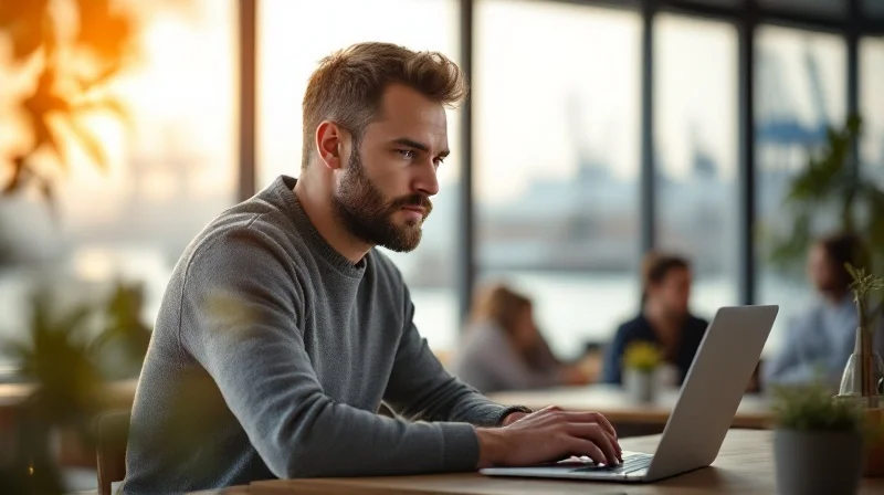 Rostocker Angestellter im Coworking-Space mit Laptop, im Hintergrund Hafenkulisse mit Werftkränen