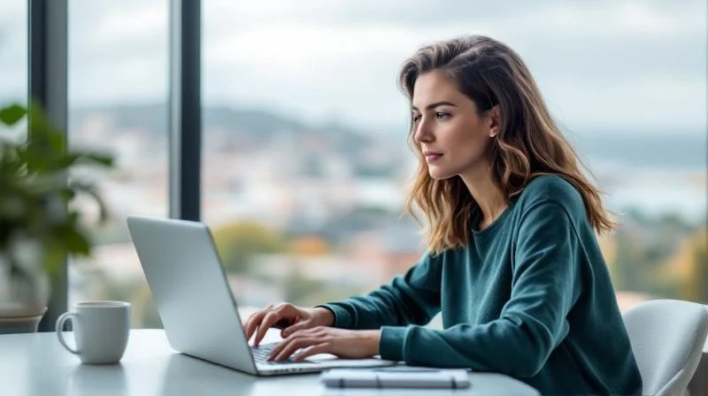 Frau arbeitet am Laptop in einem hellen Rostocker Büro mit Blick auf den Hafen