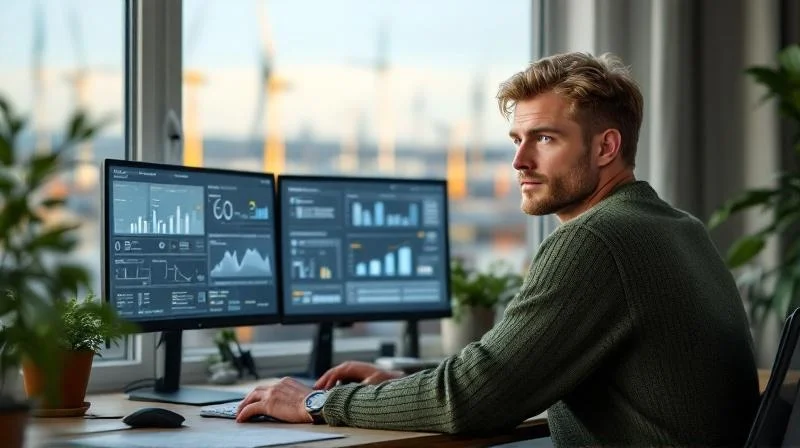 Quereinsteiger im Homeoffice mit Blick auf Rostocker Hafen und Windkraft-Komponenten