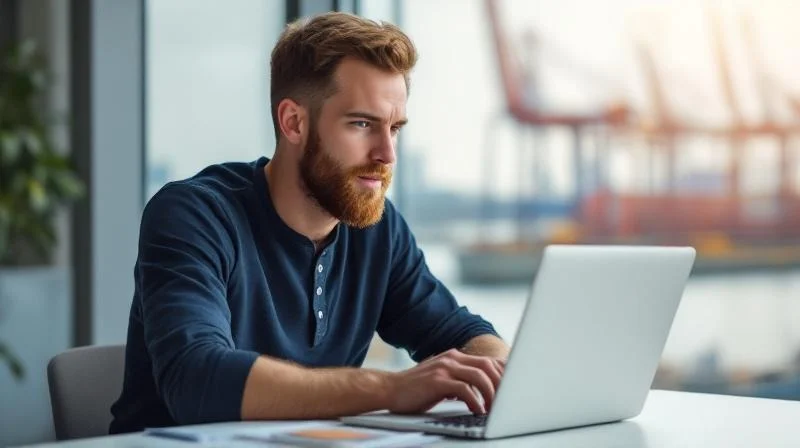 Mann arbeitet konzentriert am Laptop in einem hellen Raum mit Blick auf den Rostocker Hafen