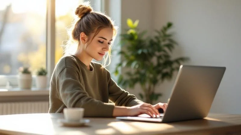 Frau arbeitet konzentriert am Laptop in einem hellen Raum mit Blick auf den Rostocker Hafen