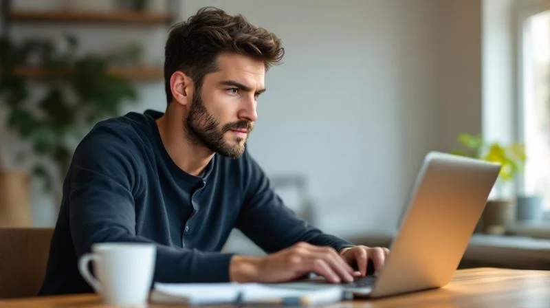 Mann arbeitet am Laptop in einem modernen Buero in Rostock